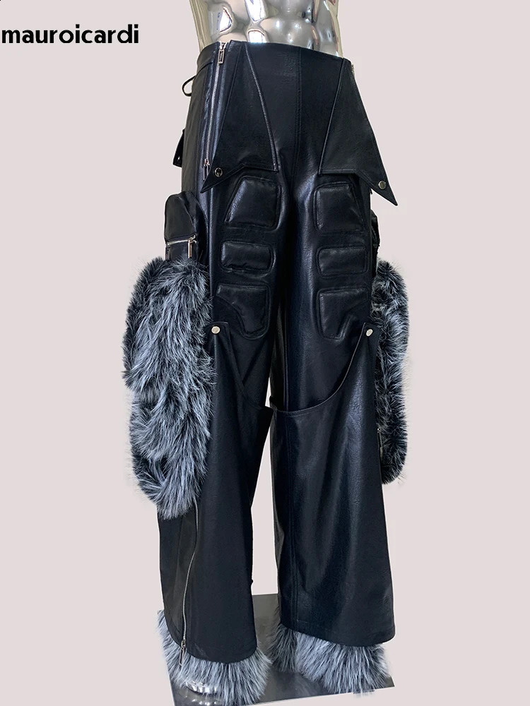 Mauroicardi Spring Autumn Cool Waterproof Baggy Black Faux Leather Wide Leg Cargo Pants Men European Emo Clothes 250919