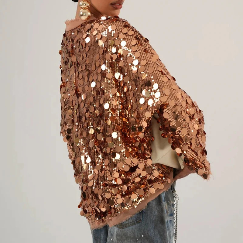 Lady Elegant Sequins Solid Color Outerwear Womens Sexy Vneck Long Sleeve Loose Jacket Fashion Commute Party Coat 250919