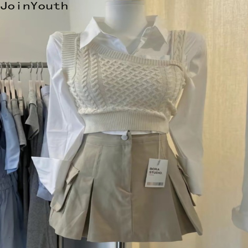 Women Clothing 3 Piece Sets Skirt Outfits White Long Sleeve Shirt Knit Vest High Waist Pleated Skirts Suit Chic Casual Set 250919