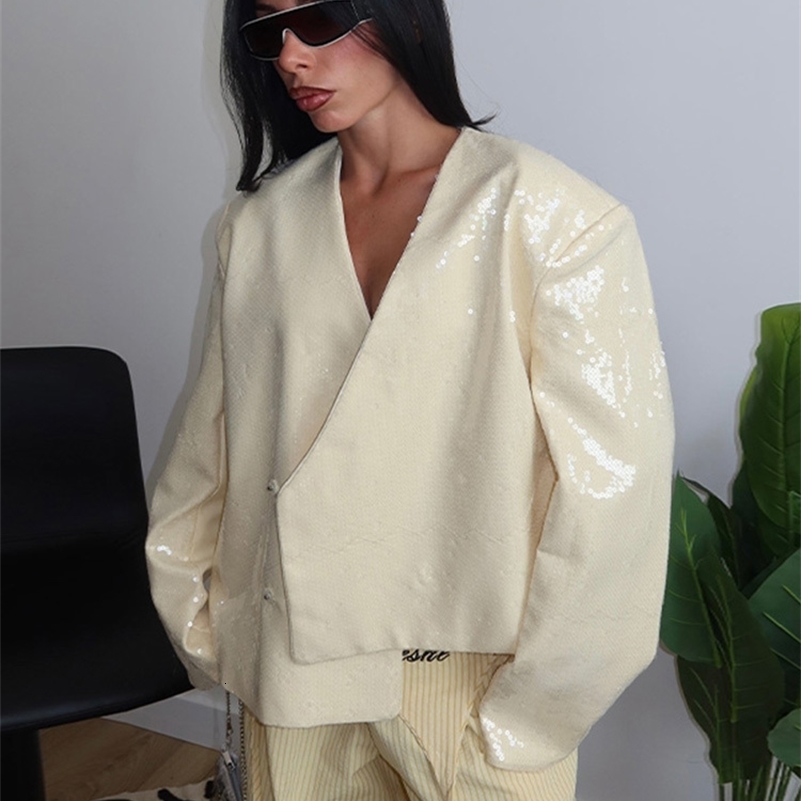 Retro Sequins Irregular Vneck Jacket Women Elegant Loose Solid Glitter Lace Up Open Jackets Coat Lady 2025 Chic Street Outwear 250918