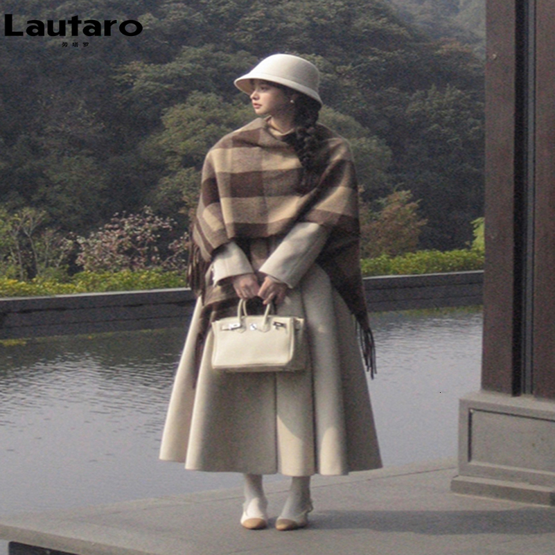 Lautaro Winter Long Wool blends Coat for Women Chic Elegant High Quality Womans Clothing Skirted Woolen Overcoat 250919