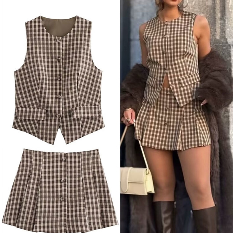 TRAFZA Elegant Womens Plaid Print Suits Single Breasted ONeck Vest Top2025 Summer High Waist ALine Mini Skirt Woman Outfits 250918