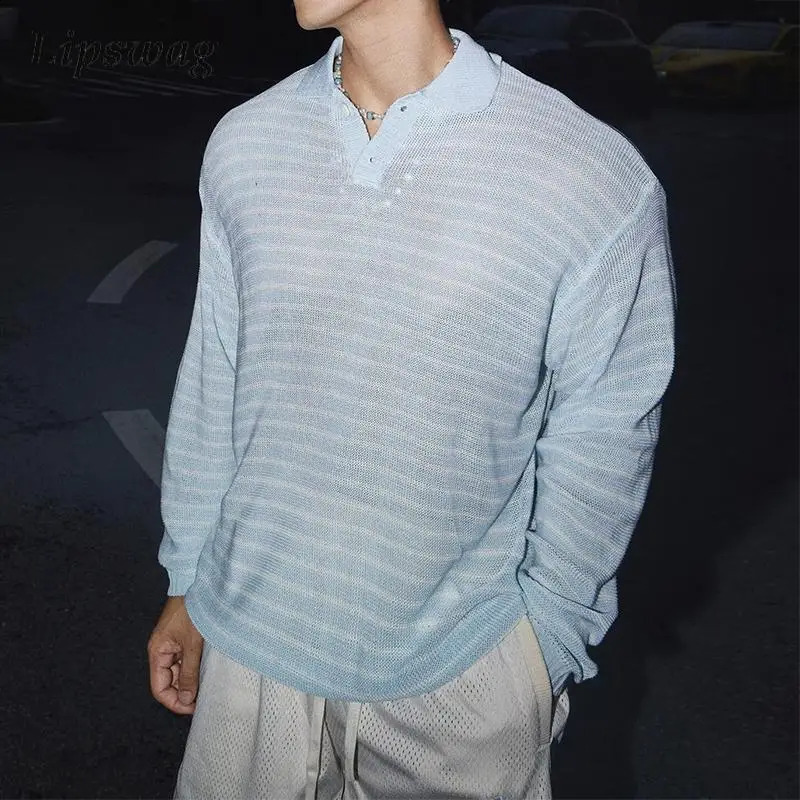 Vintage Striped Textured Knit Polo Shirts Mens Autumn Outdoor Casual Breathable Hollow Out Polos Men Stylish Long Sleeve Jumper 250919