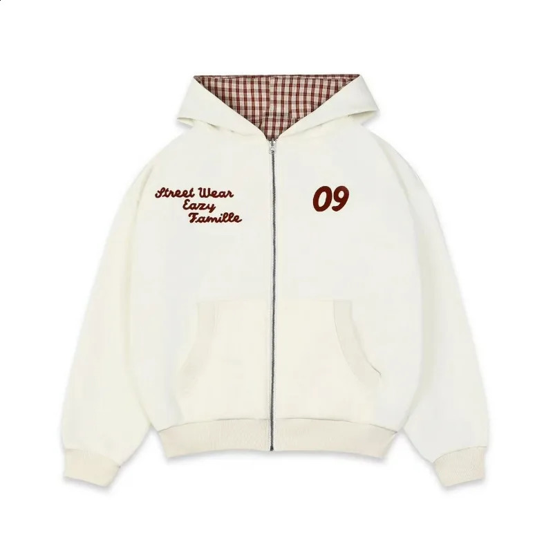 Aesthetic Harajuku plaid letter printing doublesided zippered hoodie women autumn and winter warm Y2K fashion casual sweatshirt 250918