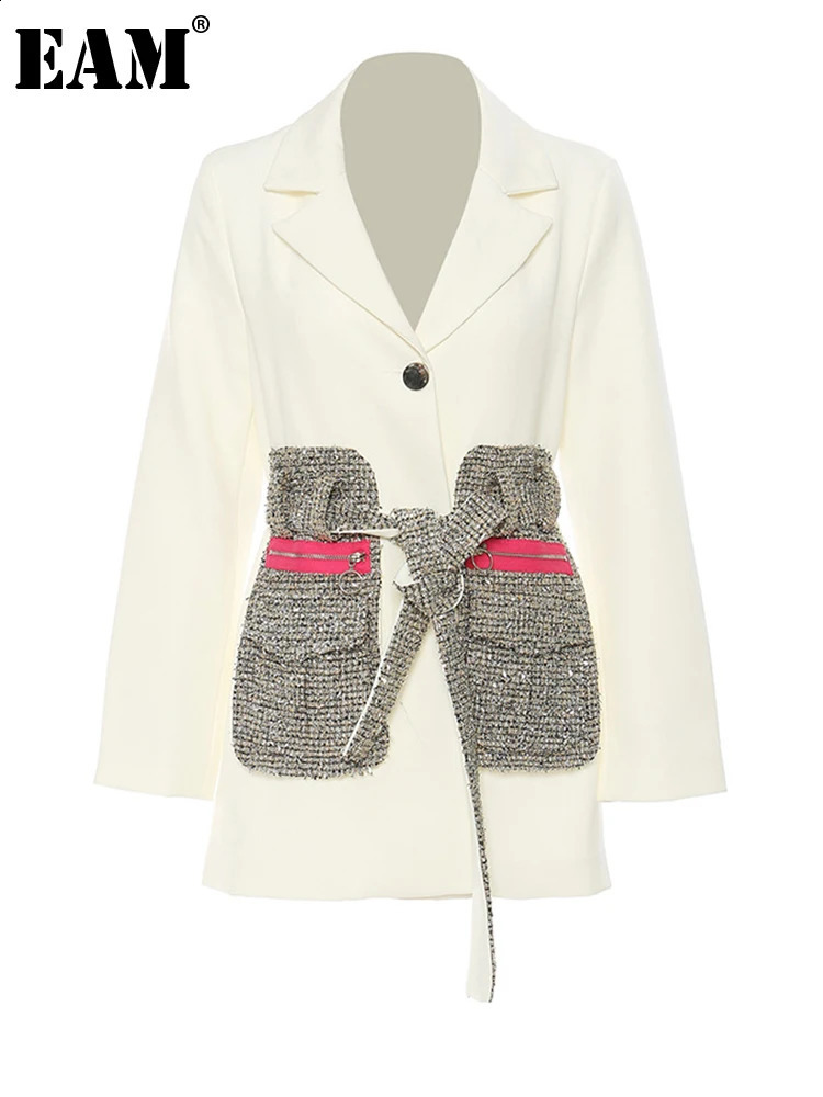 EAM Women Black Tweed Pocket Elegant Long Blazer Lapel Long Sleeve Loose Fit Jacket Fashion Spring Autumn 1DE9891 250919