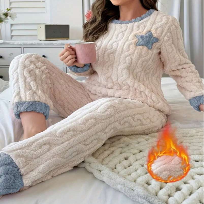 2piece set of womens autumn and winter pajamas thick pants roundneck ed fivepointed star cute cartoon warm suit 250919