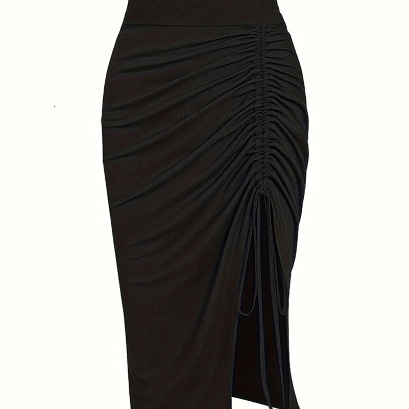 Plus Size 2024 SpringSummer Solid Ruched Drawstring Split Skirt Casual Bodycon Stretchy For Spring Summer Women y250918