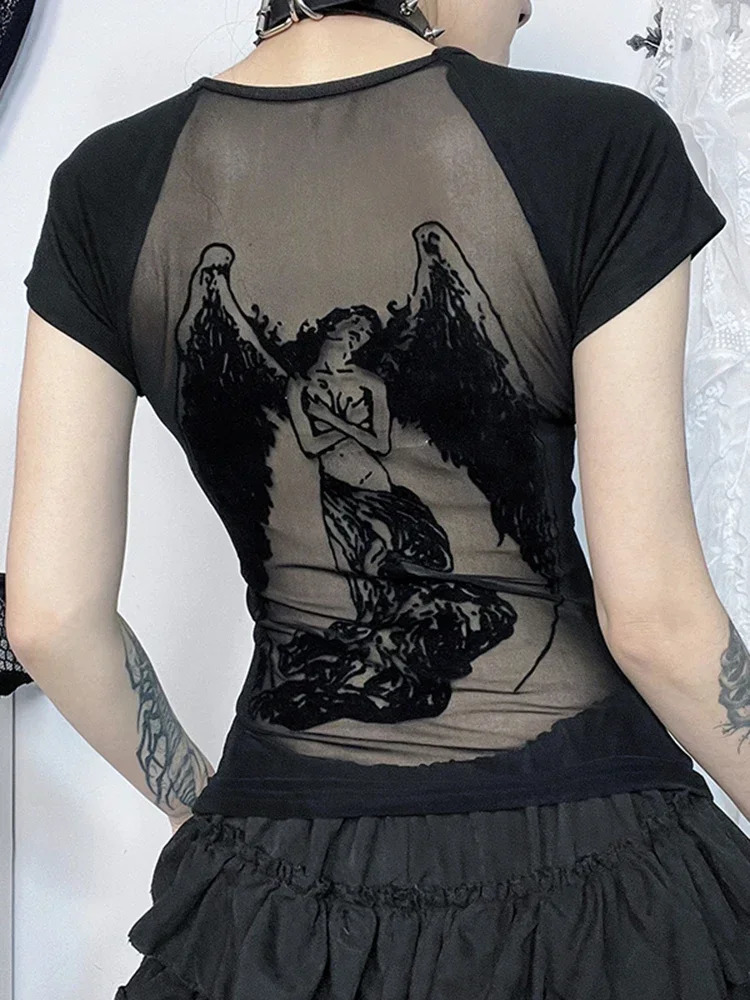 Gothic See Through Angel Graphic Print Tshirt for Women Goth Punk Slim Fit Sexy Mesh Y2k Long Sleeve Grunge Transparent 250918