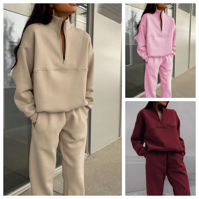 Casual Pants Sets Woman Autumn Loose Pullovers Zippers Long Sleeve Womens Tracksuit Elastic Waist Solid Trousers Sets Allmatch 250918