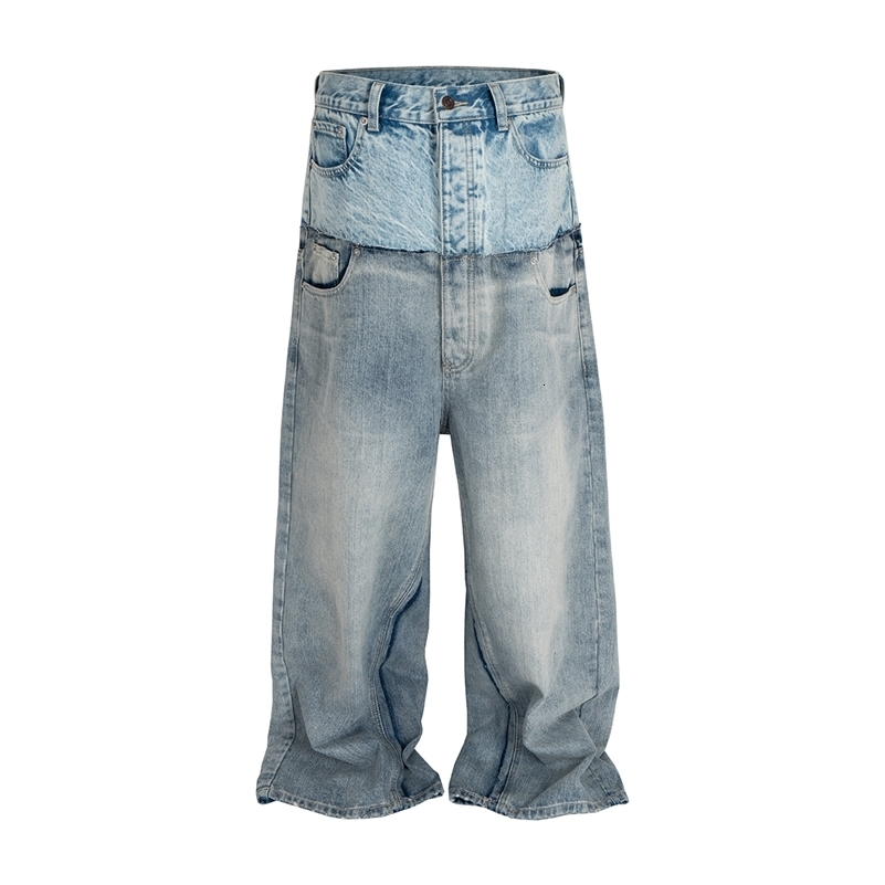 Double-coulayer Double Taist Patchwork Jeans baggy pour hommes et femmes pantalons de jean lâche décontractés sur ledize50918