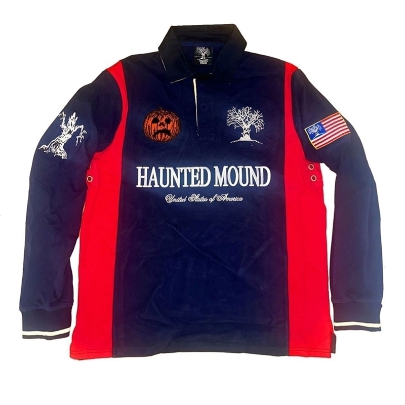Haunted Mound America Long Sleeve Polo Shirt Y2k Casual Retro Patchwork Pattern Embroidery T Shirts Street Sweatshirt Jersey Men250918