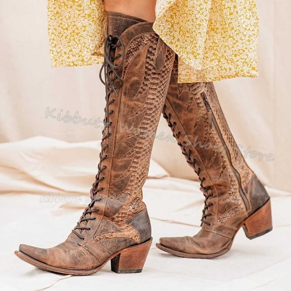 Cowboy Vintage Knee High Boots Fashion Concise Sexy Sexy Elegant Laceup Gétille en cuir Couleur solide Femmes Chaussures pointues talons grossier