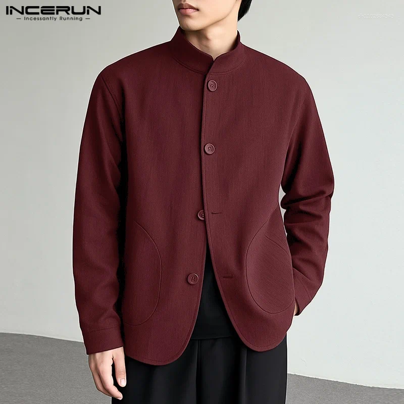 Men's Suits INCERUN Men Blazer Solid Color Stand Collar Long Sleeve Vintage Male Suit Streetwear Loose 2025 Retro Casual Thin Coats S-5XL