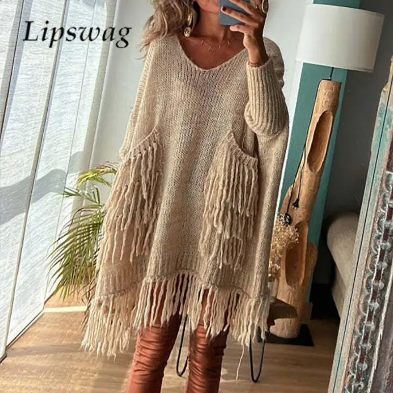 Automne Femmes Couleur solide Robe de pull irrégulière mode V couche à manches longues Pounchet tassel tricoté Casual Loose Dames Pull 250918