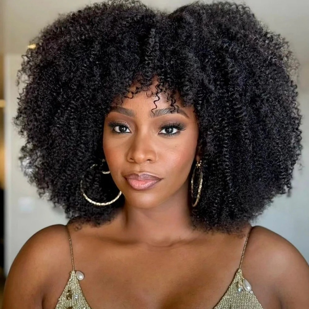 Porter et aller à 180% de densité afro perruques de cheveux humains bouclés avec une frange pour les femmes noires perruque brésilienne sans coll