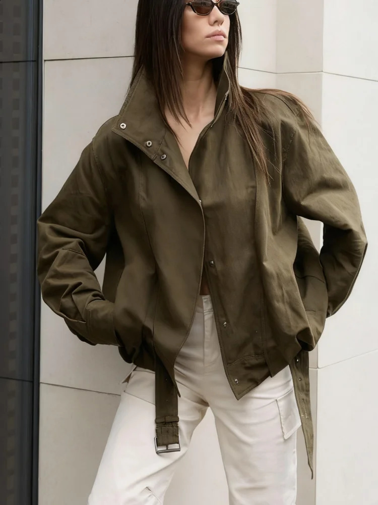 2025 Autumn Green Bomber Jacket For Women Oversize Belt Hem Turn Down Collar Coat Female Street Long Sleeve Chic Outerwear 250919