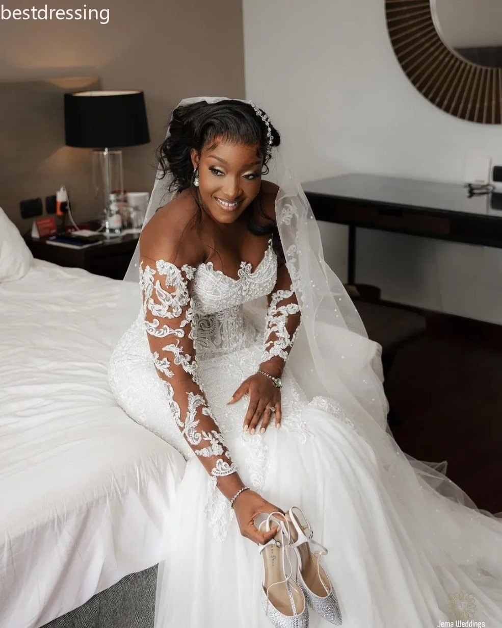 Arabic Aso Ebi Lace Beaded Mermaid Wedding Dresses 2025 Long Sleeve Customsized Sheer Neck Sparkly Vintage Bridal Gowns Dresses 0919