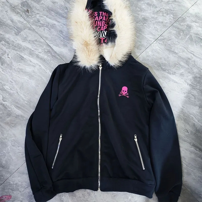 Goth High Street Y2K Black Fur Collar Zipper Sweatshirt Hoodie Women Sweatshirt Harajuku Letter Print Slim Coat Winter Clothes 250918