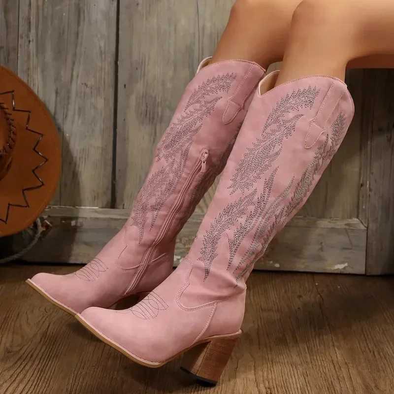 Women Thick Heels Western Boots Women Autumn Chunky Heels Knee High Cowboy Boots Woman Pointed Toe Chunky Heeled Long Botas 202 W250919