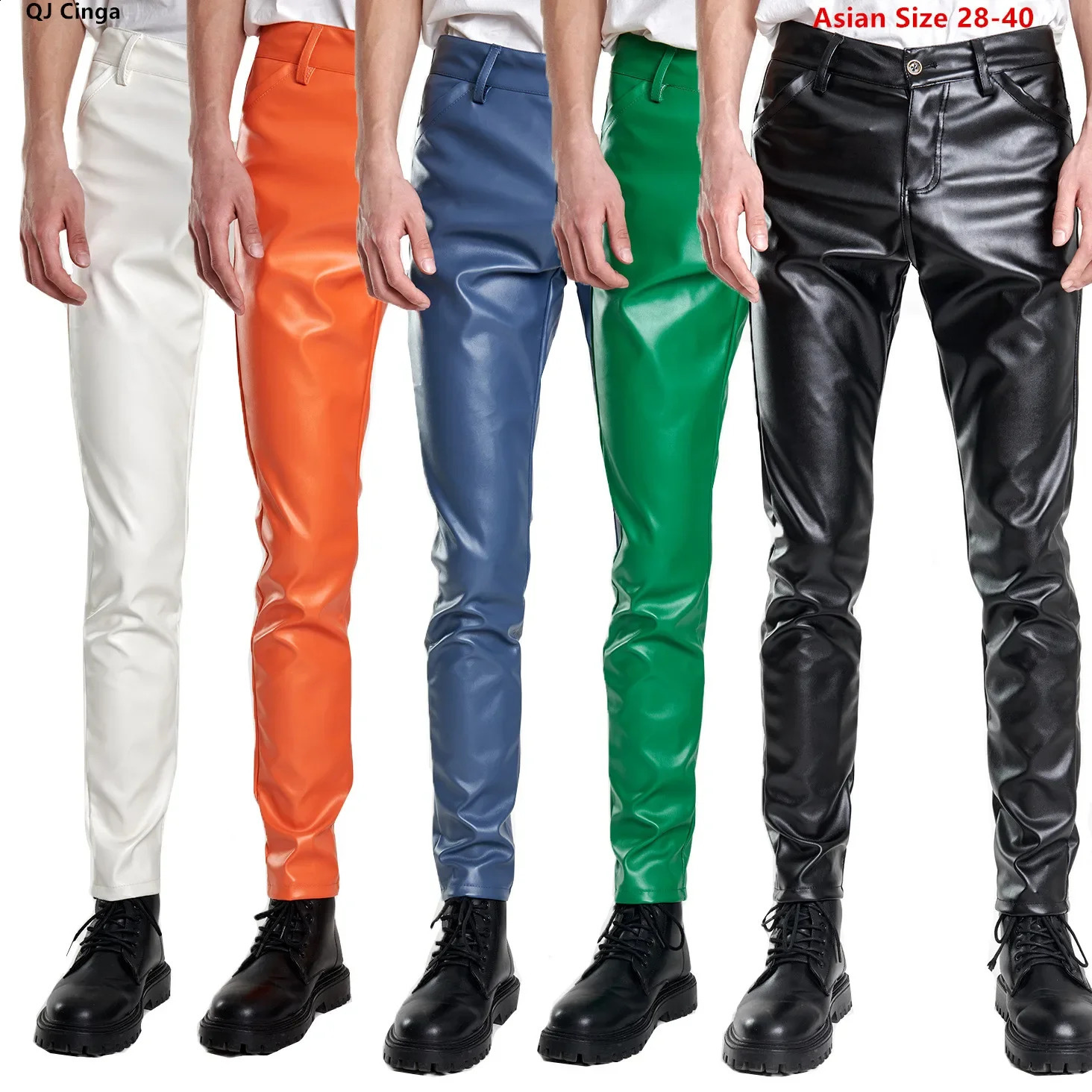 Thin Section Solid Color Mens Biker PU Trousers Fashion Slim Bar Leather Pants Men Asian Size 2840 Red Blue Orange 250919