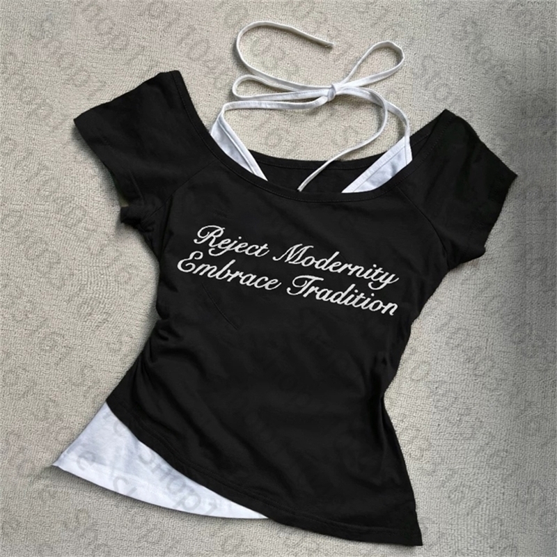 Y2k Clothes Harajuku Streetwear Letter printing Sexy TShirts Graphic 2000s Hanging neck short sleeved Tshirt Aesthetic 250918