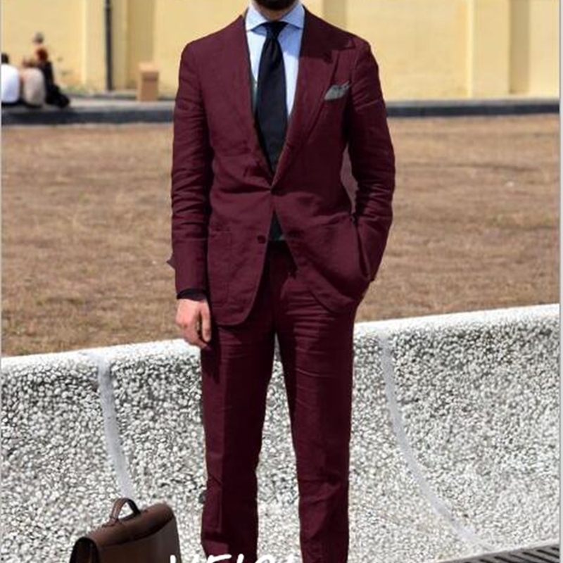 Les hommes en lin rose bordeaux personnalisés sont des hommes de pose rose bordeaux Slim Fit 2 pièces Tuxedo Blazer Blazer Maridal Costumes Terno