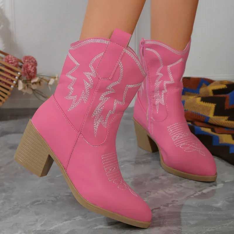 Women Vintage Chunky Heels Western Cowboy Boots Block Heels PU Leather Ankle Booties WomanAutumn Winter Embroidered Knight Boots W250919