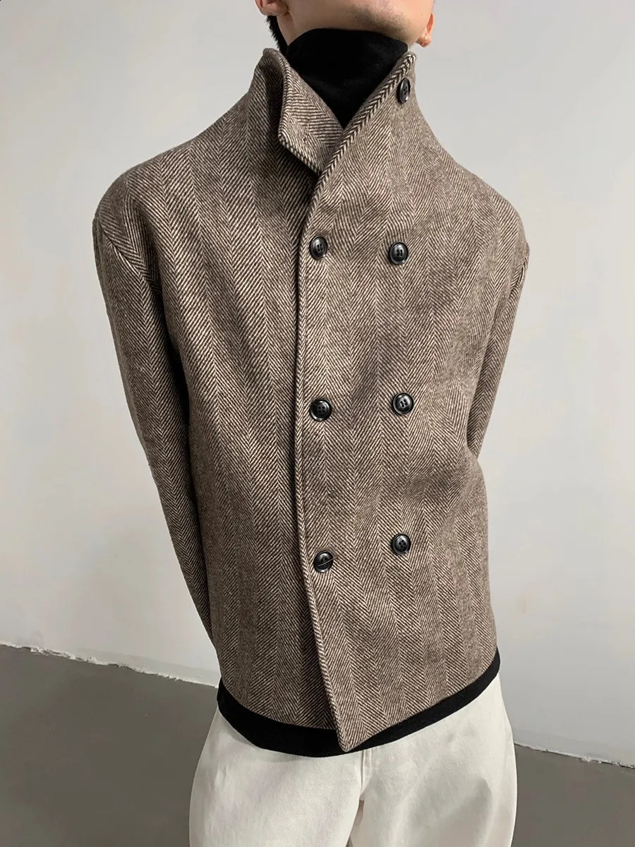 Mauroicardi Autumn Winter Cool Short Warm Herringbone Woolen Jacket MenStand Collar Double Breasted Clothes 2025 250919