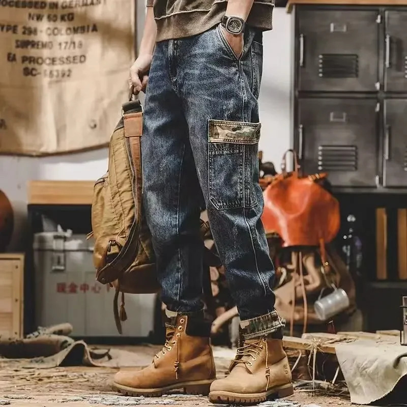 Vintage American Style Heavy Duty Jeans For Men Loose Fit Straight Leg Trendy Cargo Pants Casual Wide Leg Stone Washed Pants250918
