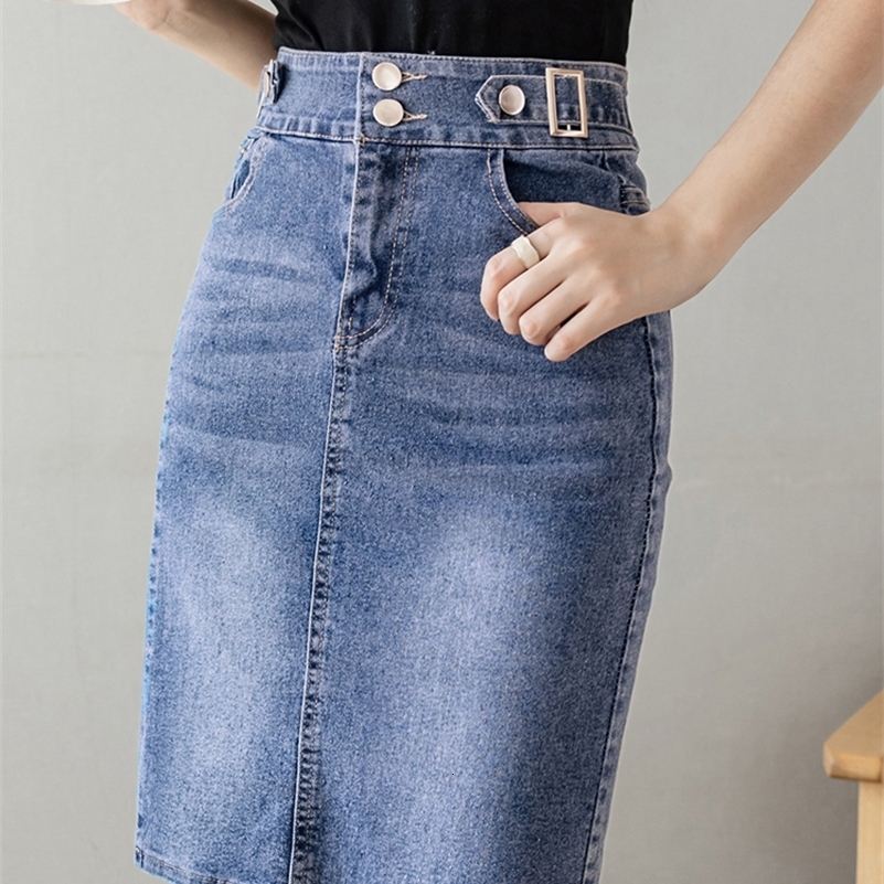 Automne 2025 Jupe de taille plus pour femmes hautes taille grande fente Black ou Blue Jeans jupes coréennes Slim Jupe Femme Y250918