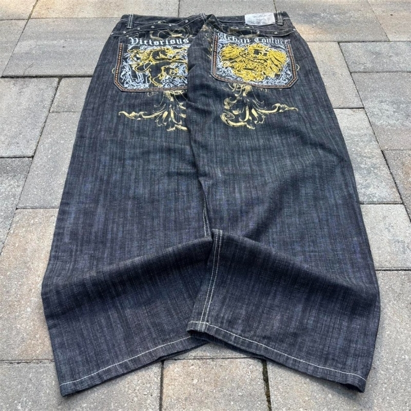 Y2K American Fashion Oversize Pattern Embroidery Printing Baggy Jean Male Gothic Hiphop Vintage High Waist Wide Leg Trousers250918