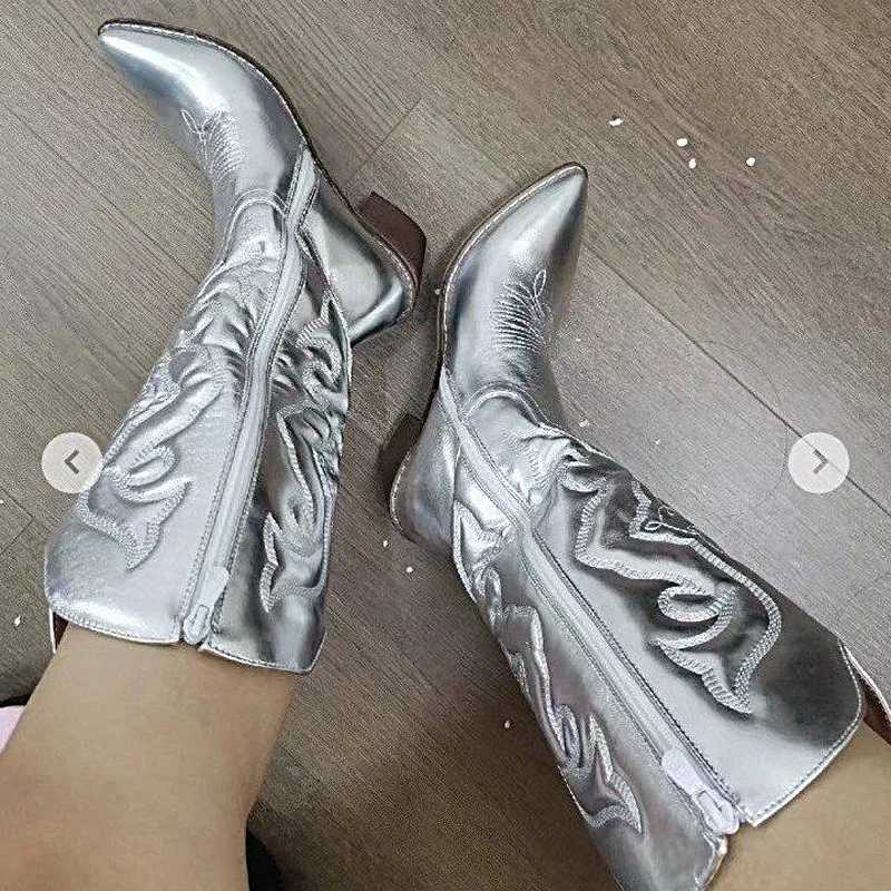 Gold Midcalf Boots Woman Side Zipper Silver Pointed Western Cowboy Boots Retro Fashion Black Boots Plus Size 3643 Women Boots W250919