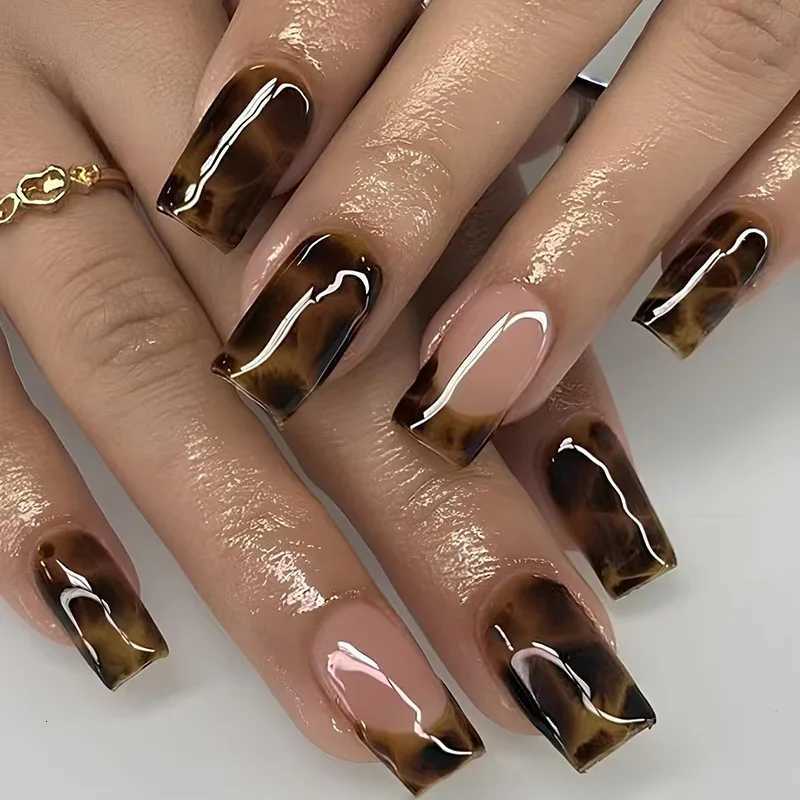 24pcs Gradient Brown Design Fake Nails Simple French Midlength Ballet False Nail Sets Finished Reusable Square Press on Nails W250919