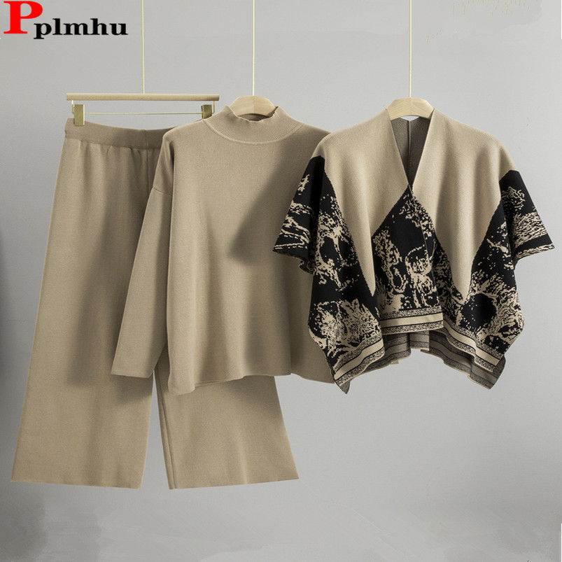 Femmes décontractées en trinage 3 pièces ensembles de chou-color coréen Halfleneck tops châle imprimé conjuntos hauts pantalons droits de taille
