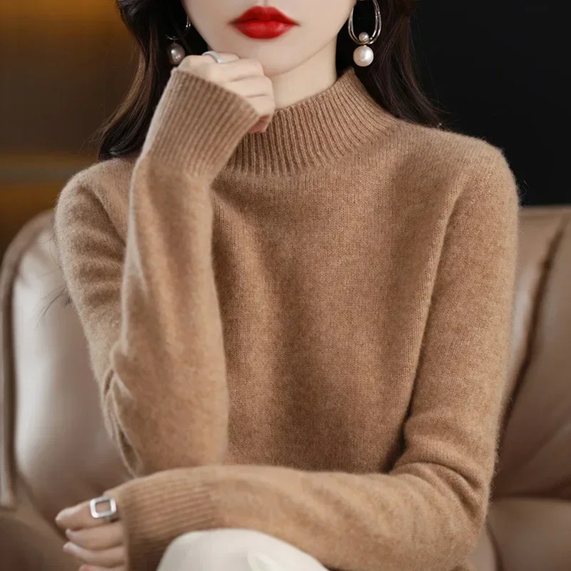 Womens Knitwear Autumn Winter Sweater Korean Basic Solid Long Sleeve Pullovers Warm Bottoming Shirts Half High Collar Black Red 250919
