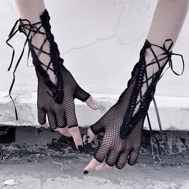 New Gothic Lolita Bandage Fishnet Long Half-Finger Hand Gloves Cuff Women Men Sexy Mesh Black Punk Outdoor Goth Stretchy Mittens ddmythur