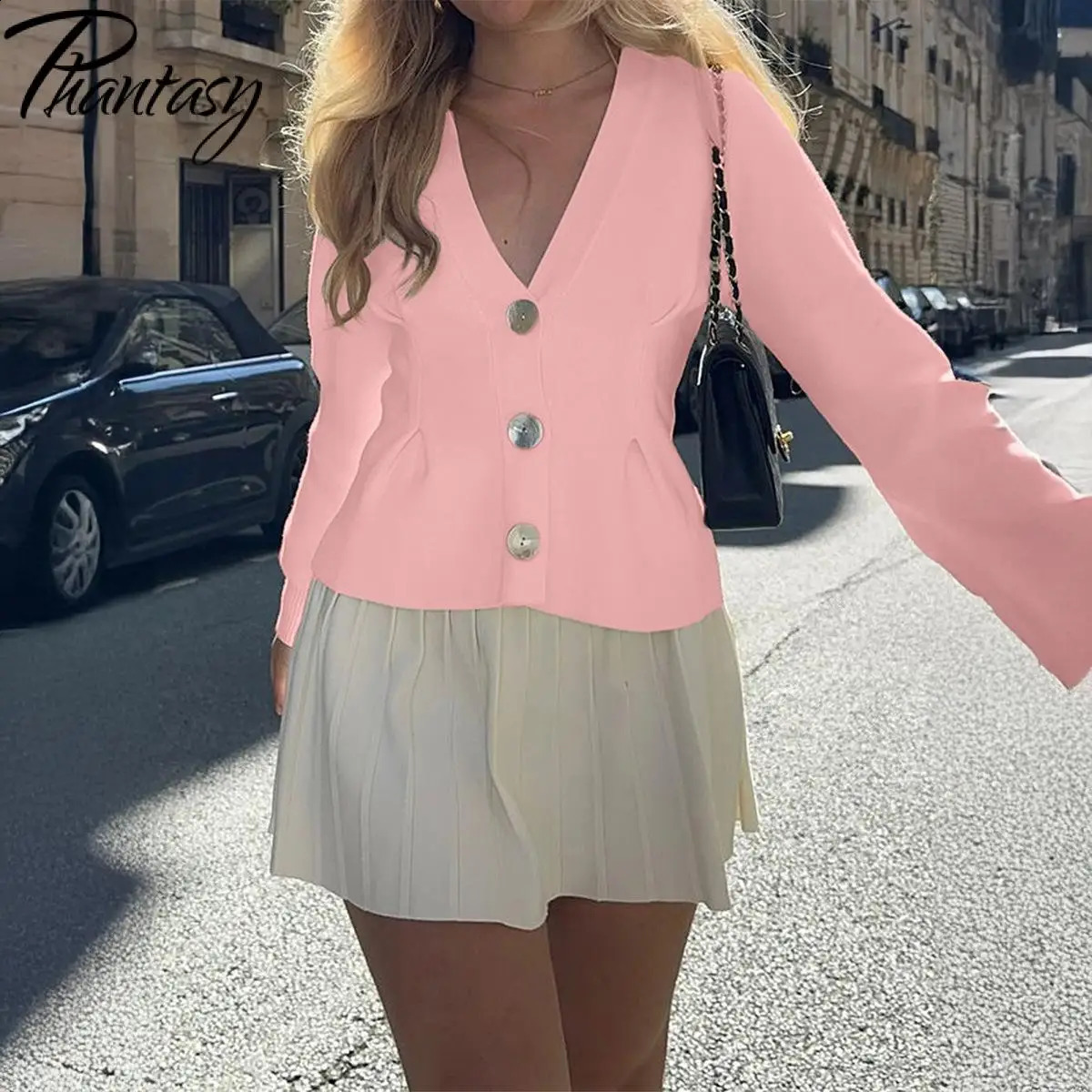 Phantasy Elegant Temperament Button Long Sleeved Sweater Autumn Winter VNeck Loose Knit Jacket Cardigan Womens Clothing 250919