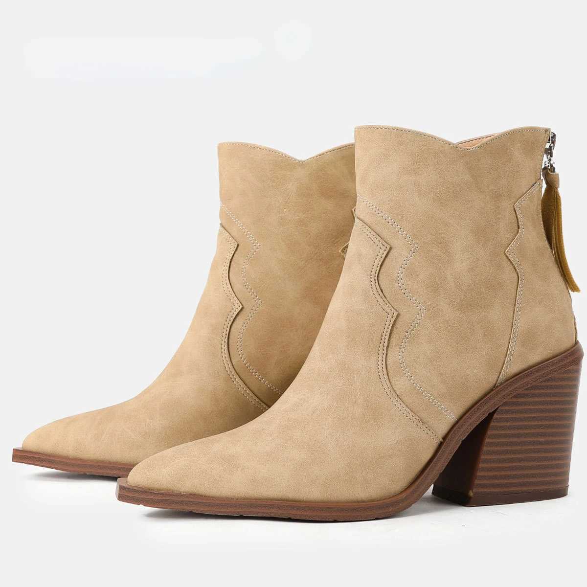 Tacones de madera gruesos Botas Mujer zapatos de cuero sólido Cuaradas de punta puntiaguda Botas feminina Cowboy Toble Bottes Chelsea Botines Mujer