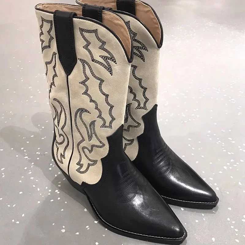 Broderie femmes occidentales cowboy bottes mode glisser sur talon épais chevalier long chaussons rétro style automne chaussures féminines d'hiver