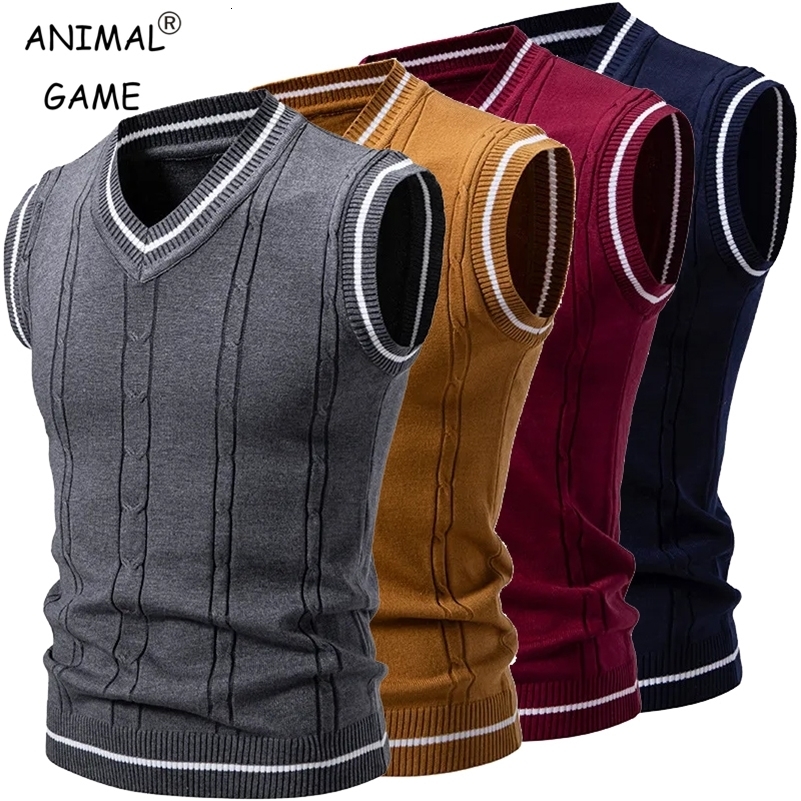 Mens Knit VNeck Sleeveless Vests Slim Fit Knitted Pullovers Sweaters Fashion Patchwork Smart Casual Streetwear 250918