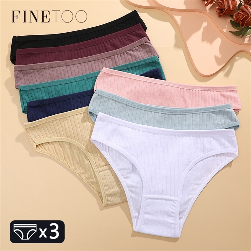 FINETOO 3PCSSET Womens Cotton Panties Soft Striped Underpants Sexy Solid Color Briefs Female Comfortable Stretch Lingerie MXL 250918
