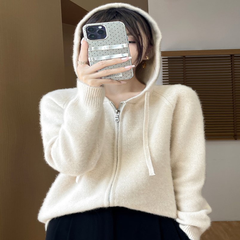 Womens Zipper Hoodie Cardigan 100 Merino Wool Sweater Thick Casual Simple Style Autumn Winter Korean Clothing 250919