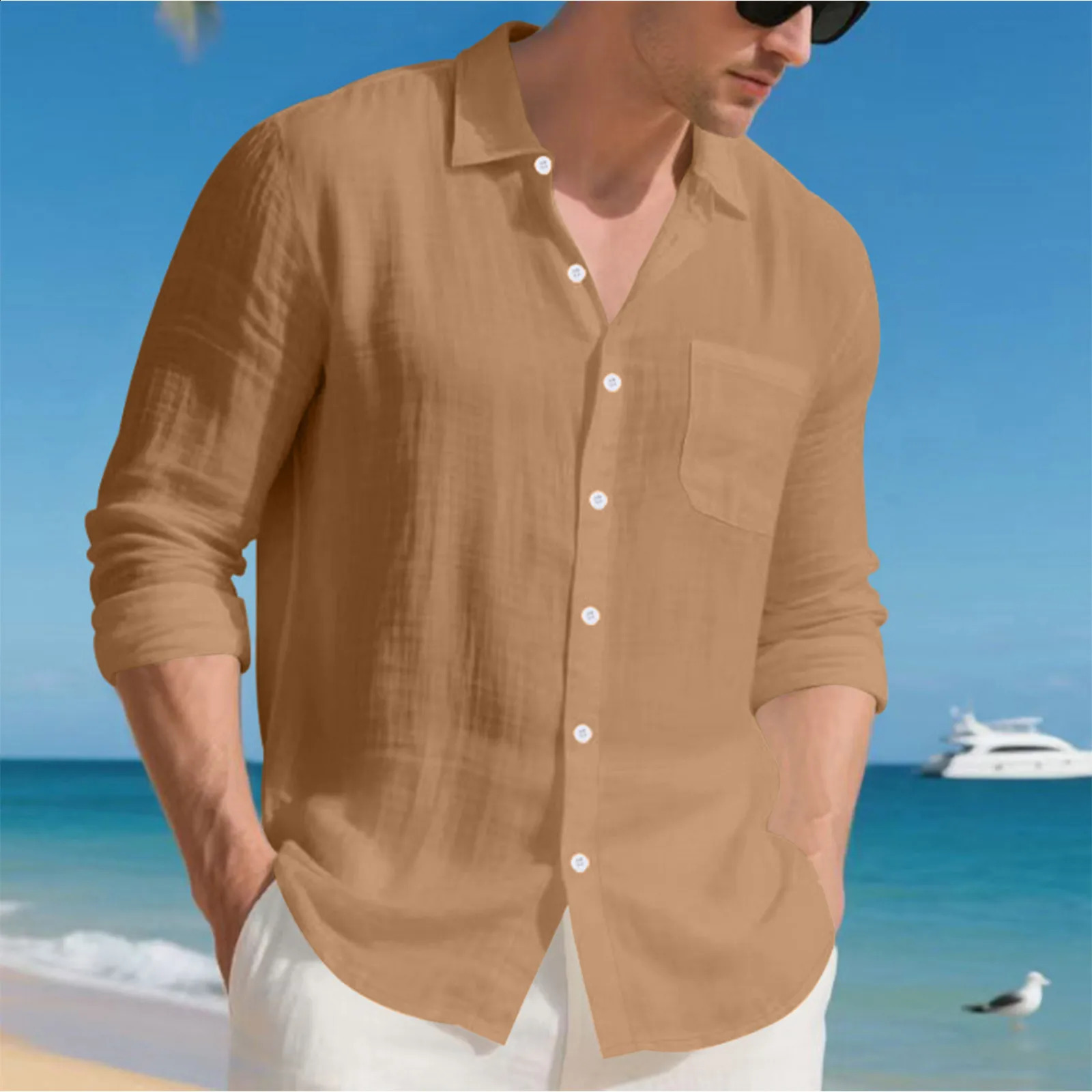 Mens Casual Linen Shirt Solid Color Loosefit LongSleeved Collared Cardigan Spring Summer Singlebreasted Shirts 250919
