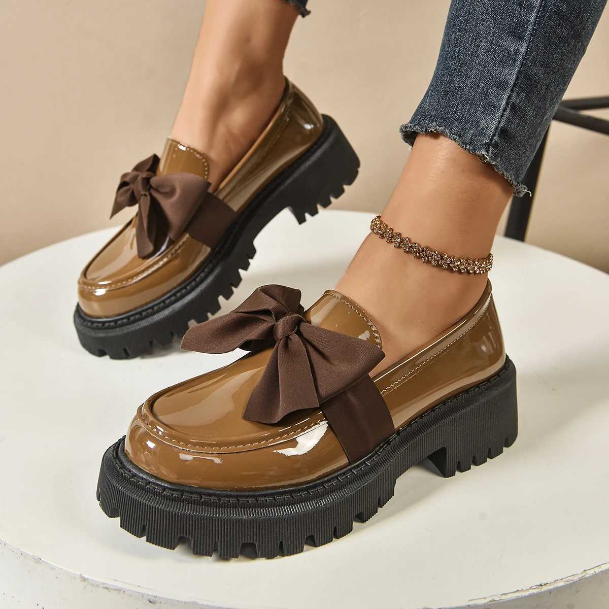 Womens British Style Loafers bowknot Chunky Heel Leather Flats Autumn Slip Shoes Versatile Work Shoes Platform Oxford 636XJ250919