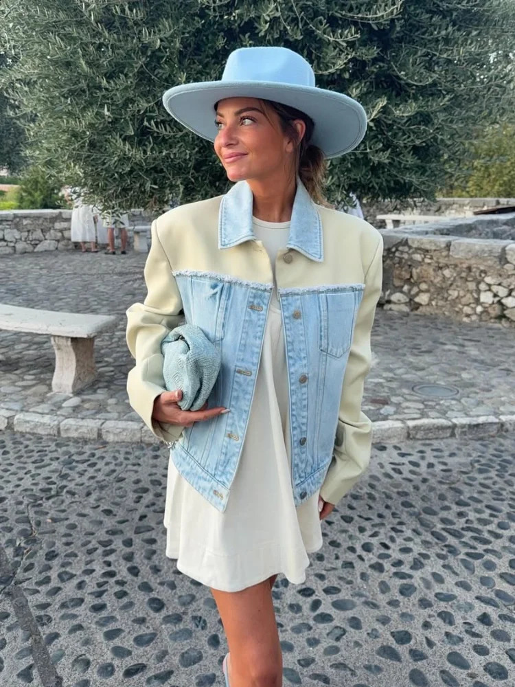Denim Lapel Short Jacket Women Fashion Patchwork Long Sleeve Singlebreasted Pocket Loose Coat Lady High Street Outwear 250919