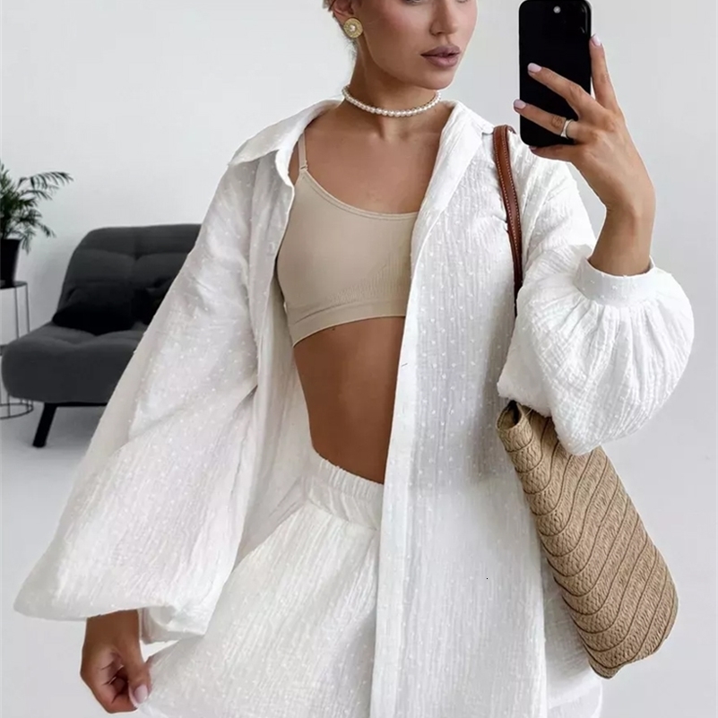 Womens Summer Suit with Shorts and A Shirt White Cotton 100 Twopiece Suit Female Long Sleeve Oversize Muslin Suit for Women 250918
