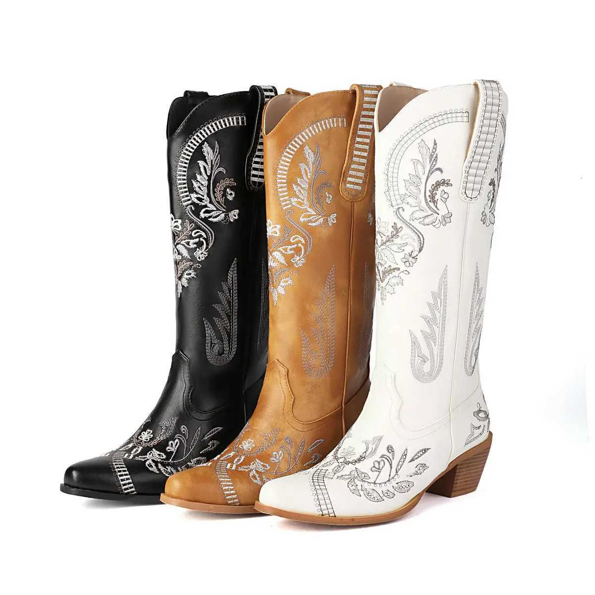 Botas de vaquero occidental para mujeres Botas de rodilla bordada Botas altas Talón grueso zapatos retro para un evento social de hermandad W250919