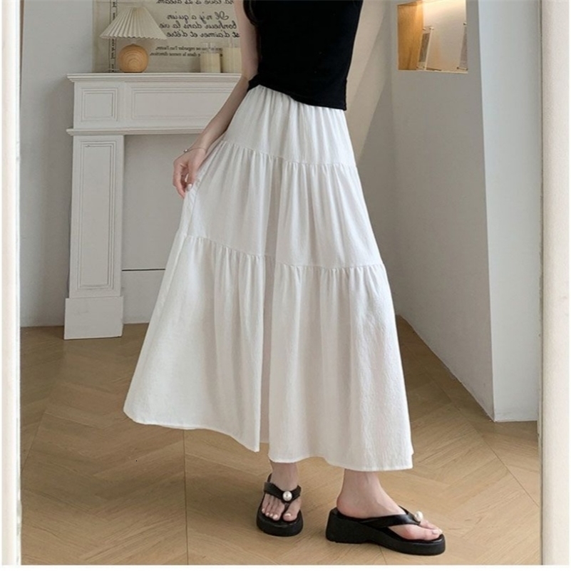 Elegant Solid ALIne Cake Long Skirts Fashion Women Vintage High Waist Elastic Spring Dresses Office Lady Commute Chic Skirt y250918
