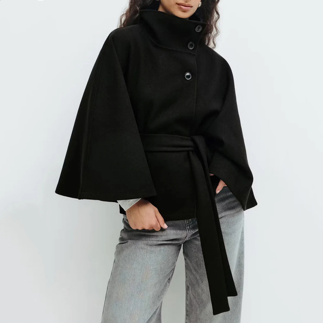 Fashion Women Cropped Cape Coat Vintage Lace Up Belt Short Jacket Autumn Winter Outerwear Stand Collar Loose 250919