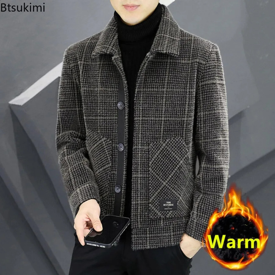 2025 Mens Business Casual Woolen Jacket Autumn Winter Thickened Warm Plaid Slim Lapel Buttonup Coats Highend Men Clothing 250919